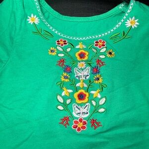 Amazon Girls' Green Short Sleeve Tee with Colorful Floral Embroidery